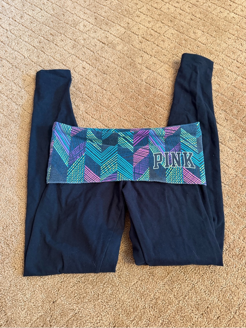 Pink Yoga Multi Color Chevron Low Rise Fold Over Leggings Women’s Size XS